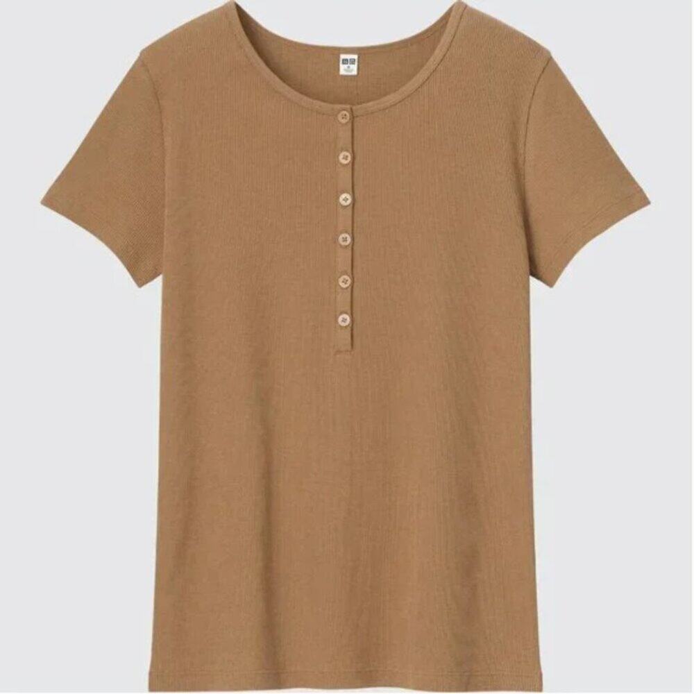 Uniqlo Ribbed Short Sleeve Henley Top Minimalist Size Large